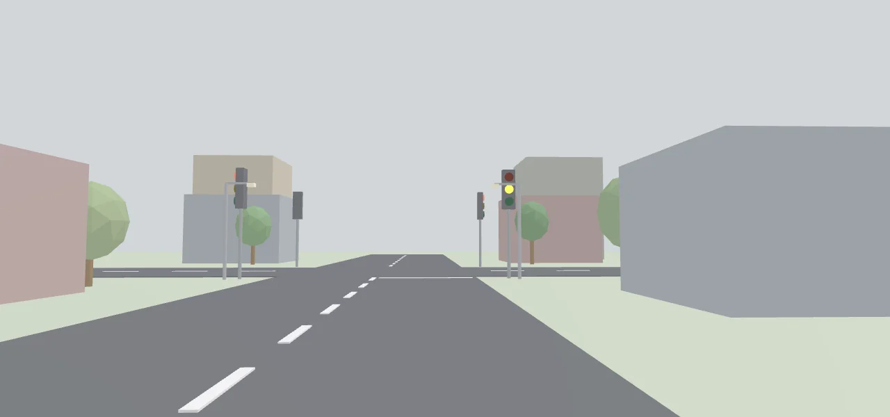 Voorbeeld van een gegenereerde oefensituatie: oranje (geel) licht: doorrijden of stoppen?